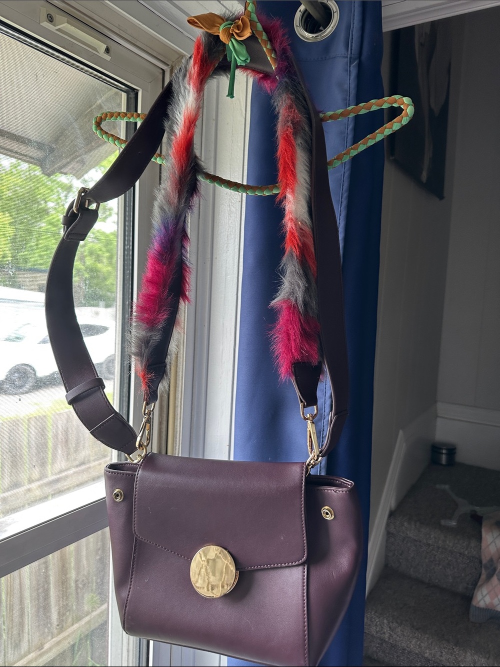 Street Level Plum Crossbody Bag with Multicolor Fur Strap